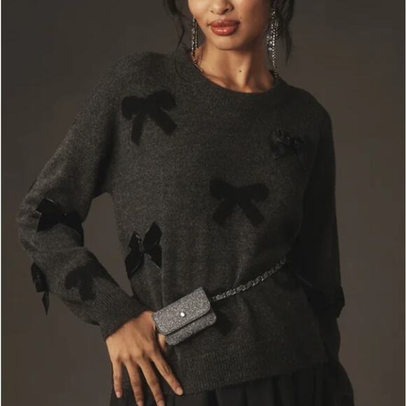 ANTHROPOLOGIE x MAEVE 3D Bow Sweater Velvet Detail Gray Sz S {TT40} - Picture 1 of 7